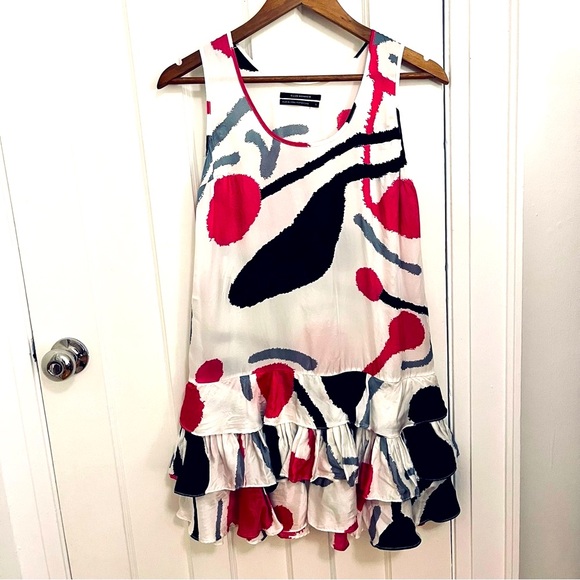 Club Monaco White Pink Black Viscose Party Dress Size 0 - Small - Picture 3 of 10